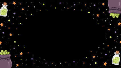 Halloween Halloween pattern with cartoon cauldrons, potion bottles, and stars, sprinkled over a solid black background for dramatic seasonal(1)