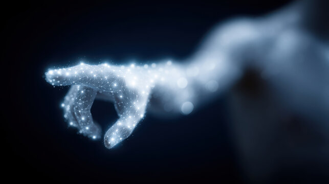 Digital glowing hand pointing forward with connected light nodes and lines in dark background, symbolizing futuristic technology and innovation