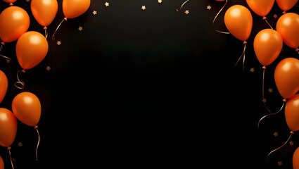 Halloween Minimal black background with rows of orange balloons and golden glitter, space in the center for Halloween event text or logo overlays