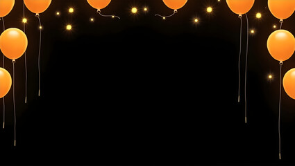 Halloween Minimal black background with rows of orange balloons and golden glitter, space in the center for Halloween event text or logo overlays