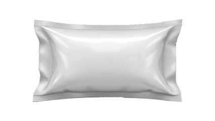 A shiny silver foil pillow package is isolated on transparent background