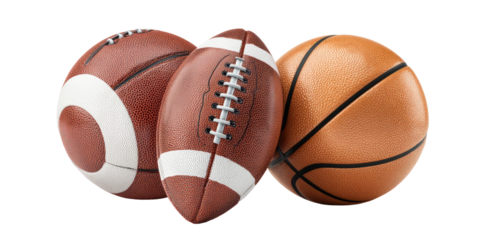 Three sports balls - football, American football, and basketball