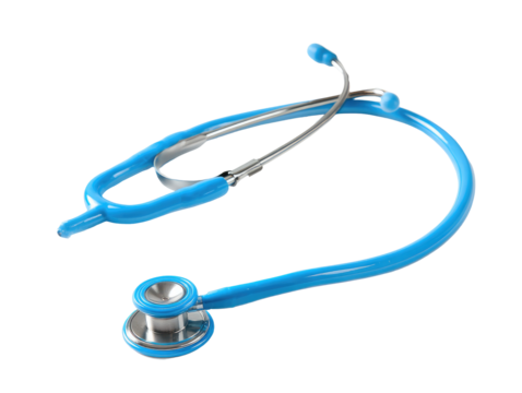 A vibrant blue medical stethoscope, angled, lies flat.  The binaurals curve gently,  and the earpieces are light-colored metal.  A round, light-metal diaphragm is visible