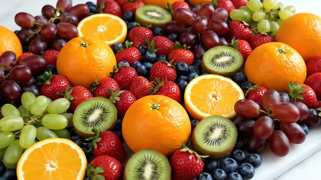 An abundant, colorful arrangement of fresh fruits including oranges, grapes, strawberries, blueberries, and sliced kiwis.