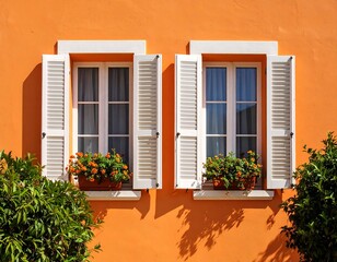 Orange wall, white shutters, flowers