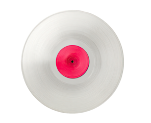 Circular, white vinyl record with a vibrant pink label