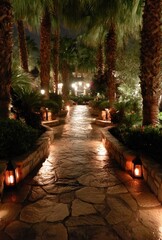 Fototapeta premium Nighttime path lined with palm trees and lanterns