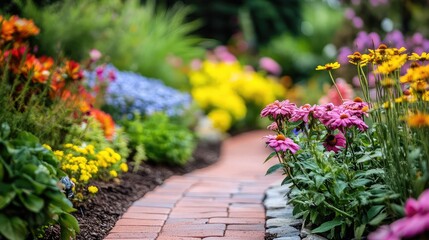 A brick path winds through a vibrant garden filled with colorful flowers and lush green foliage scenery view