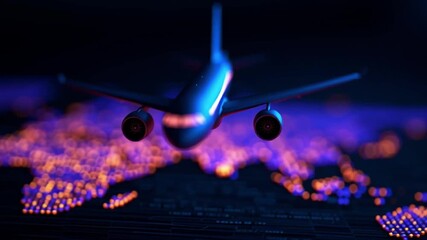 Futuristic airplane flying over digital world map with glowing lights and data points, symbolizing global travel and advanced technology innovation - Powered by Adobe