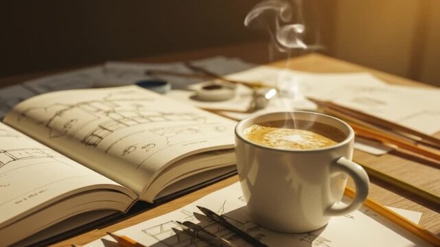 Cozy workspace featuring an open sketchbook, steaming coffee, and scattered art supplies in sunlight
