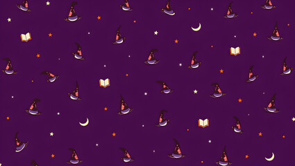 Halloween Playful pattern of tiny witch hats, open spell books, and crescent moons scattered on a rich purple background for Halloween (3)