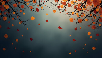 Halloween Scattered orange, red, and yellow leaves drifting over a misty gray background, hint of bare branches above for a moody Halloween composition