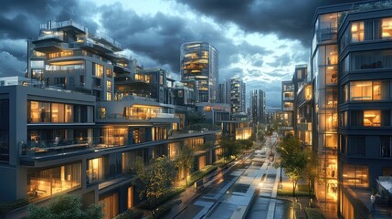 Fototapeta premium Aerial view of a modern city with illuminated buildings and dramatic cloudy sky at dusk or twilight time