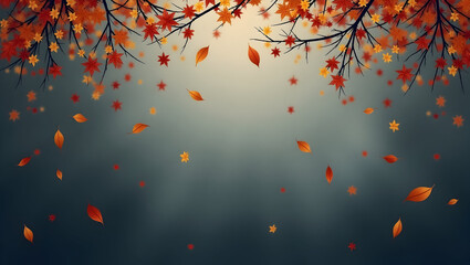 Halloween Scattered orange, red, and yellow leaves drifting over a misty gray background, hint of bare branches above for a moody Halloween composition
