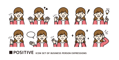 カジュアルな服装の若い女性の、ポジティブなポーズのアイコン素材セット＿ベクター＿カラー