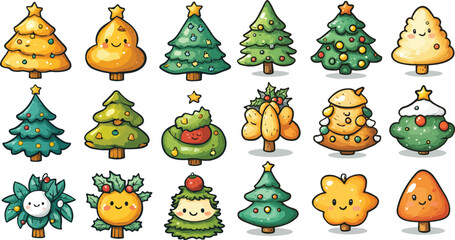 Fototapeta premium Cartoon Christmas Trees with Smiling Faces and Festive Decorations in a Seamless Pattern Design