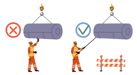 Safety in workplace. Correct and incorrect operation of fitter with hoisting crane. Construction site. Weight lifting. Overhead of careful build workers. Security protection. Vector concept