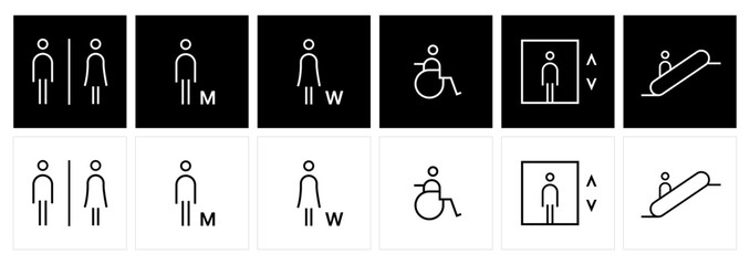 Minimal Public Icon Set - Restroom, Accessibility, Elevator, Escalator Symbols.