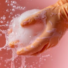 Fototapeta premium Detailed macro of orange glove holding soapy foam with running water on soft pink backdrop. Ideal for cleaning product visuals, hygiene ads, and editorials.