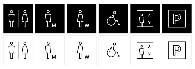 Public Facility Icon Set - Restroom, Accessibility, Elevator, Parking Symbols.