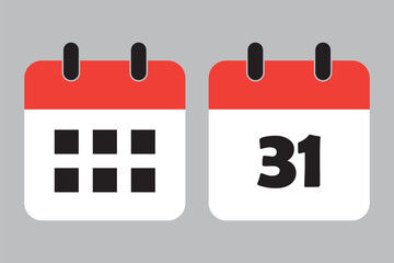 Calendar icons showing dates vector. Calendar icon collection. Event reminder symbol. Calendar schedule planning icon isolated on white background. 31st date calendar icon.