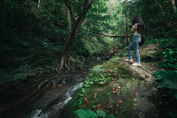 Young Woman Standing by Stream in Lush Green Forest Landscape