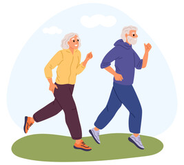 Older athletes. Retired men and women jogging in nature. Active healthy lifestyle. Senior couple athletic training outdoor. Elderly people running in park. Sport exercise. Vector concept