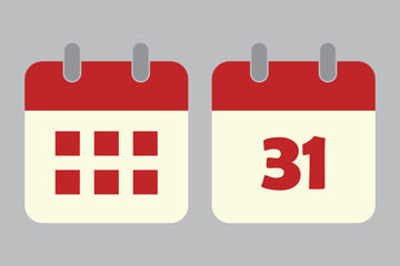Calendar icons showing dates vector. Calendar icon collection. Event reminder symbol. Calendar schedule planning icon isolated on white background. 31st date calendar icon.