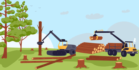 Logging machines cutting down trees. Destroying forest. Natural disaster. Stumps in desolate area. Nature ecosystem damage and deforestation. Environment conservation. Vector concept