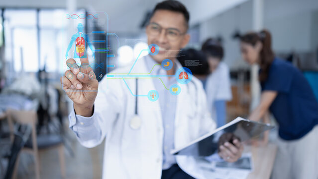 Medical team with human anatomy on technological digital holographic innovative having a meeting room, Medical technology and health care concept.