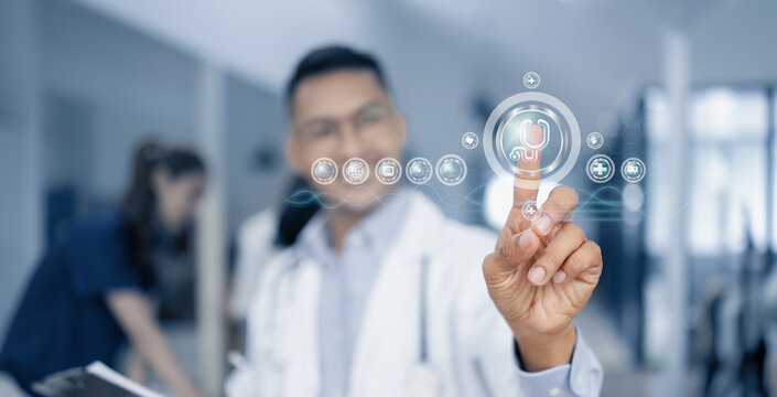 Medical team with human anatomy on technological digital holographic innovative having a meeting room, Medical technology and health care concept.