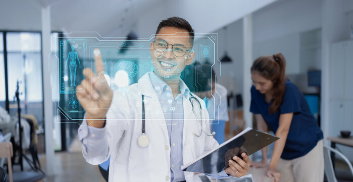 Medical team with human anatomy on technological digital holographic innovative having a meeting room, Medical technology and health care concept.