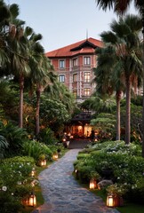 Pathway to a grand hotel, lush gardens