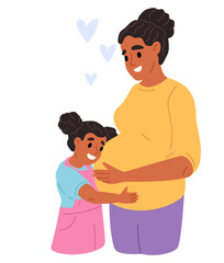 Joyful little girl hugs pregnant moms big belly with her brother or sister. Mother and daughter cuddle. Family embrace. Woman expecting childbirth. Maternity and pregnancy vector concept