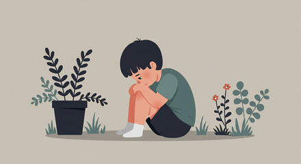 Vector illustration of a sad, lonely boy sitting curled up on the ground. A poignant conceptual image depicting childhood melancholy and solitude.