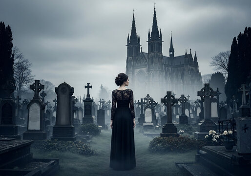 gothic woman standing in cemetery with cathedral in background

 - Powered by Adobe