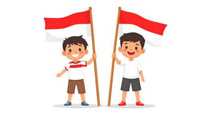 Two happy boys holding Indonesian flags on white background patriotic concept