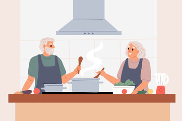 Elderly man and woman preparing food together in kitchen. Senior couple. Dinner preparation. Grandparents leisure. Old wife and husband cooking at home. Culinary hobby. Vector concept
