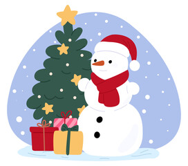Cheerful cartoon snowman next to Christmas tree and presents. Holiday gifts. Santa hat. Winter snowflake. New year garland. December event decoration. Xmas celebration vector concept