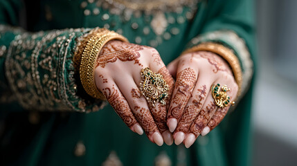 Fototapeta premium Elegant henna designs intricately adorn the bride's hands, featuring a beautiful ring, ready for wedding celebrations and ceremonial traditions.