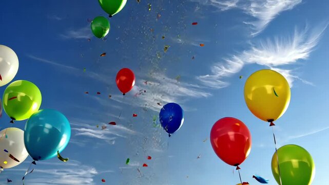 Colorful Balloons Floating in Blue Sky &ndash; Festive Celebration with Confetti 4k video