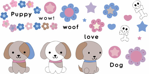 Cute Puppy and Dog Cartoon Illustration with Flowers Hearts and Stars