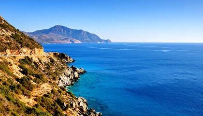 Coastal highway winds along a rocky shore, meeting a vast, clear blue sea under a bright sky