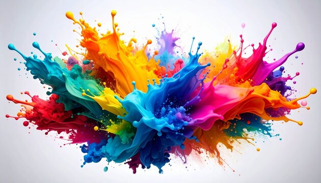 Abstract multicolor splatter on white background—vibrant paint bursts radiate outward from central splash. Dominant hues include blue, red, yellow, orange, green, and purple. Fluid motion and chaotic 
