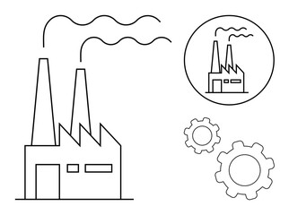 Factory with two chimneys emitting smoke, round variation, and gear elements. Ideal for industry, manufacturing, machinery, production, engineering, logistics sustainability simple landing page