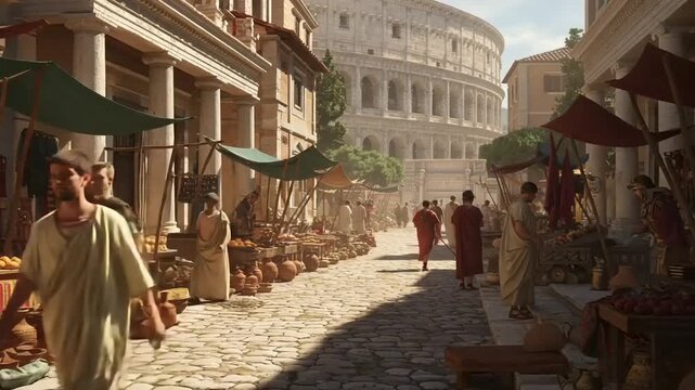 Ancient Roman Market Scene with Colosseum in Background