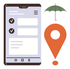 Smartphone displaying task checklist, orange location pin, and green umbrella. Ideal for productivity, navigation, safety, planning, insurance protection minimalism. Simple flat metaphor
