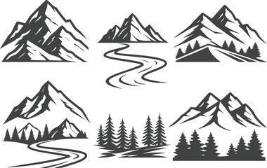 Vector art of a collection of mountain landscapes featuring pine trees and winding roads in a vector format