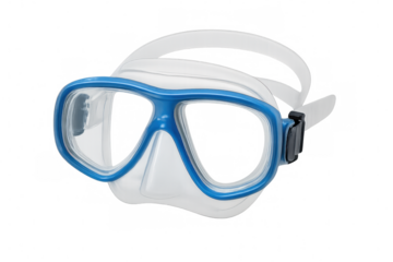 Blue and white diving mask isolated on transparent background, ready for underwater exploration