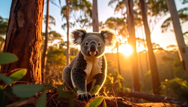 Koala in forest at sunset